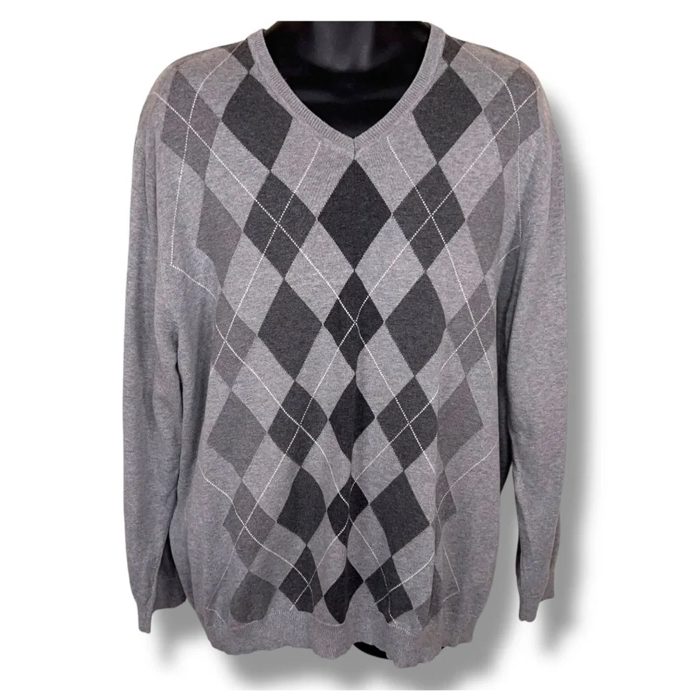 XL Liz Claiborne Grey Argyle Sweater Vneck Academia Long Sleeve Knit